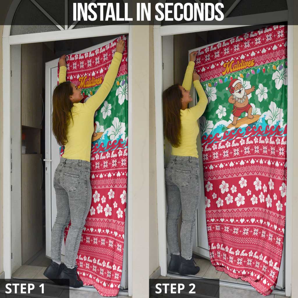 Maldives Christmas Door Cover with Surfing Santa Claus Tropical Flowers and Holiday Wave - Wonder Print Shop