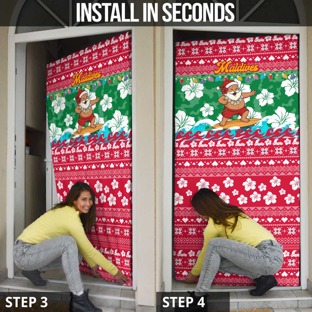 Maldives Christmas Door Cover with Surfing Santa Claus Tropical Flowers and Holiday Wave - Wonder Print Shop