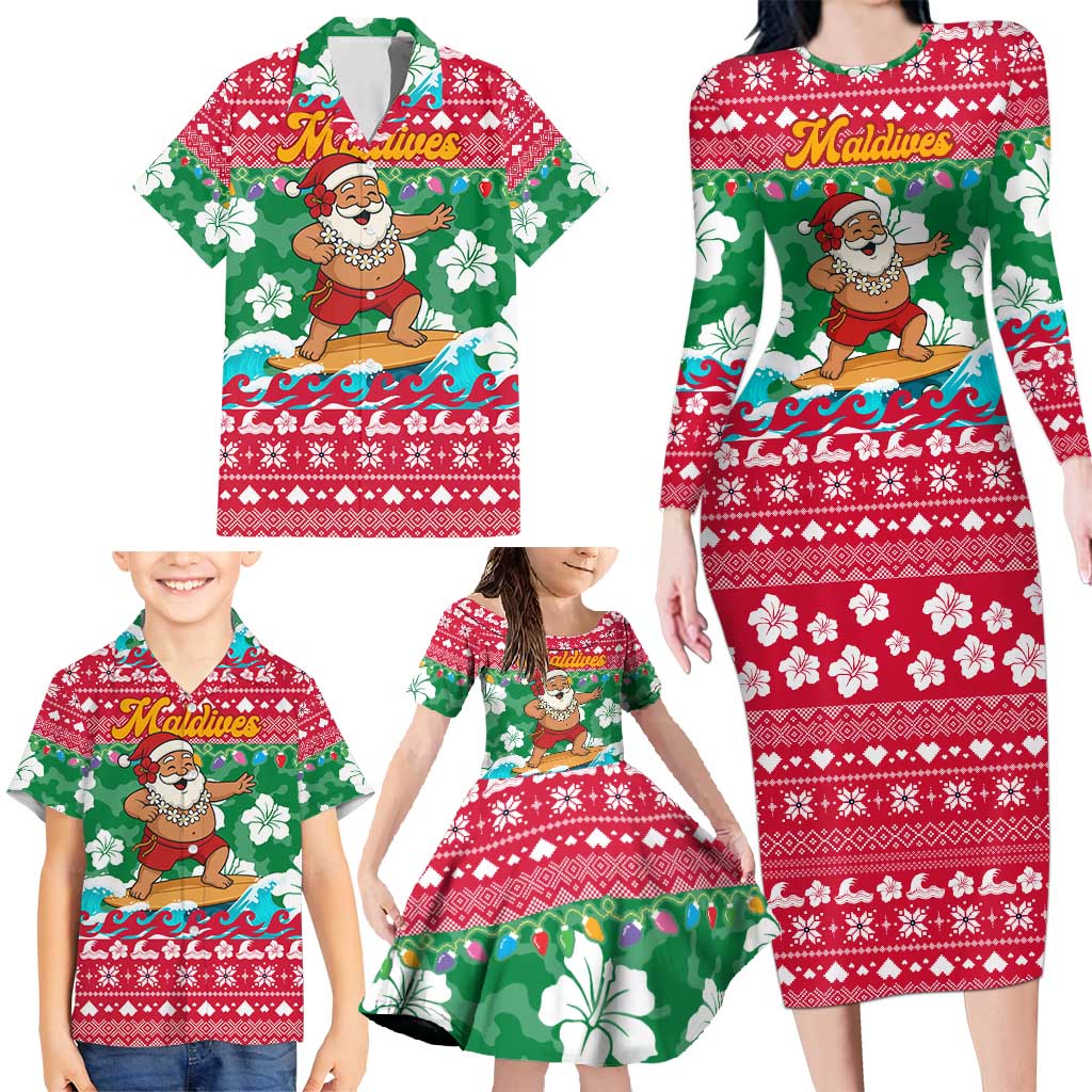 Maldives Christmas Family Matching Long Sleeve Bodycon Dress and Hawaiian Shirt with Surfing Santa Claus Tropical Flowers and Holiday Wave - Wonder Print Shop