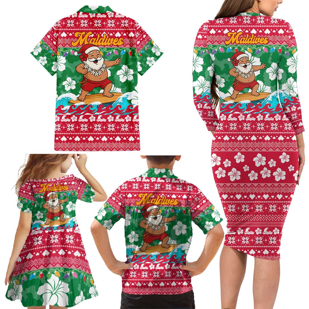 Maldives Christmas Family Matching Long Sleeve Bodycon Dress and Hawaiian Shirt with Surfing Santa Claus Tropical Flowers and Holiday Wave - Wonder Print Shop