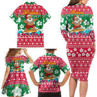 Maldives Christmas Family Matching Long Sleeve Bodycon Dress and Hawaiian Shirt with Surfing Santa Claus Tropical Flowers and Holiday Wave - Wonder Print Shop