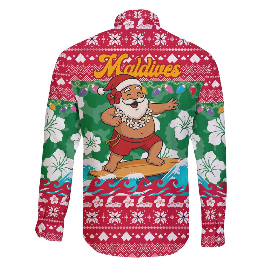 Maldives Christmas Family Matching Long Sleeve Bodycon Dress and Hawaiian Shirt with Surfing Santa Claus Tropical Flowers and Holiday Wave - Wonder Print Shop