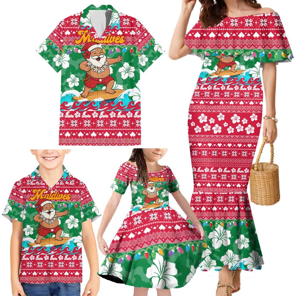 Maldives Christmas Family Matching Mermaid Dress and Hawaiian Shirt with Surfing Santa Claus Tropical Flowers and Holiday Wave - Wonder Print Shop