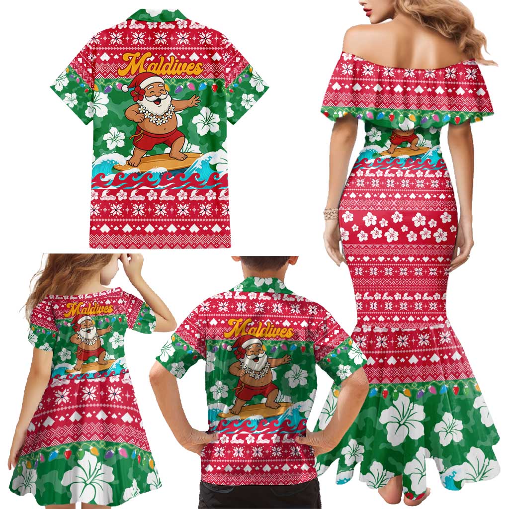 Maldives Christmas Family Matching Mermaid Dress and Hawaiian Shirt with Surfing Santa Claus Tropical Flowers and Holiday Wave - Wonder Print Shop