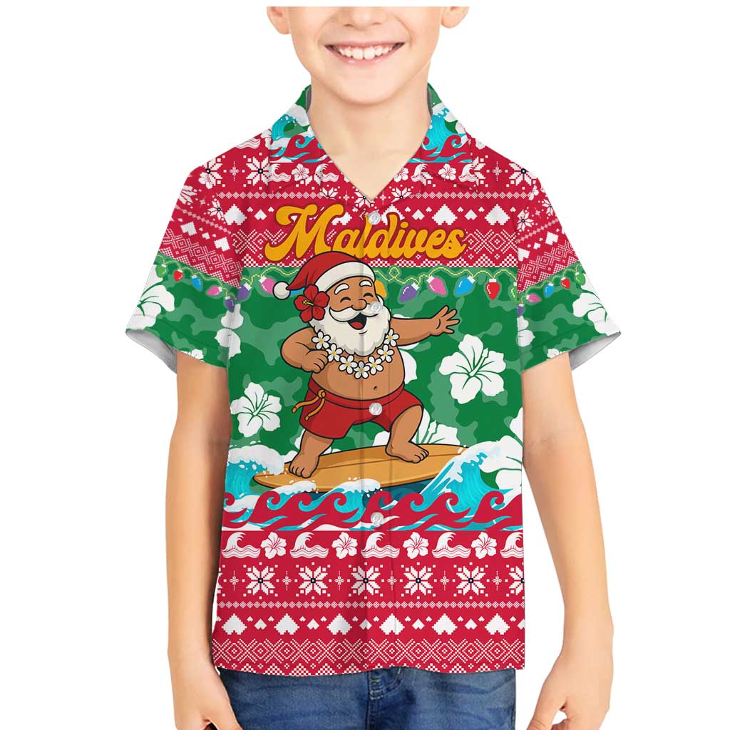 Maldives Christmas Family Matching Mermaid Dress and Hawaiian Shirt with Surfing Santa Claus Tropical Flowers and Holiday Wave - Wonder Print Shop