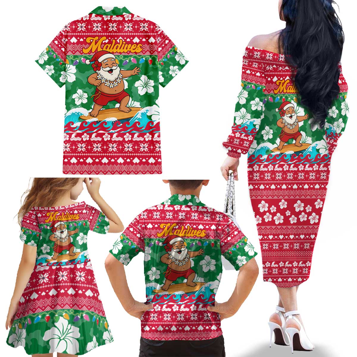 Maldives Christmas Family Matching Off The Shoulder Long Sleeve Dress and Hawaiian Shirt with Surfing Santa Claus Tropical Flowers and Holiday Wave - Wonder Print Shop
