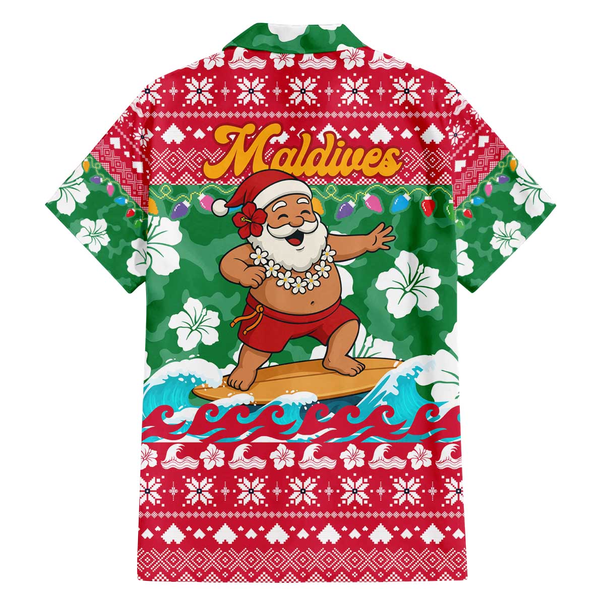 Maldives Christmas Family Matching Off The Shoulder Long Sleeve Dress and Hawaiian Shirt with Surfing Santa Claus Tropical Flowers and Holiday Wave - Wonder Print Shop