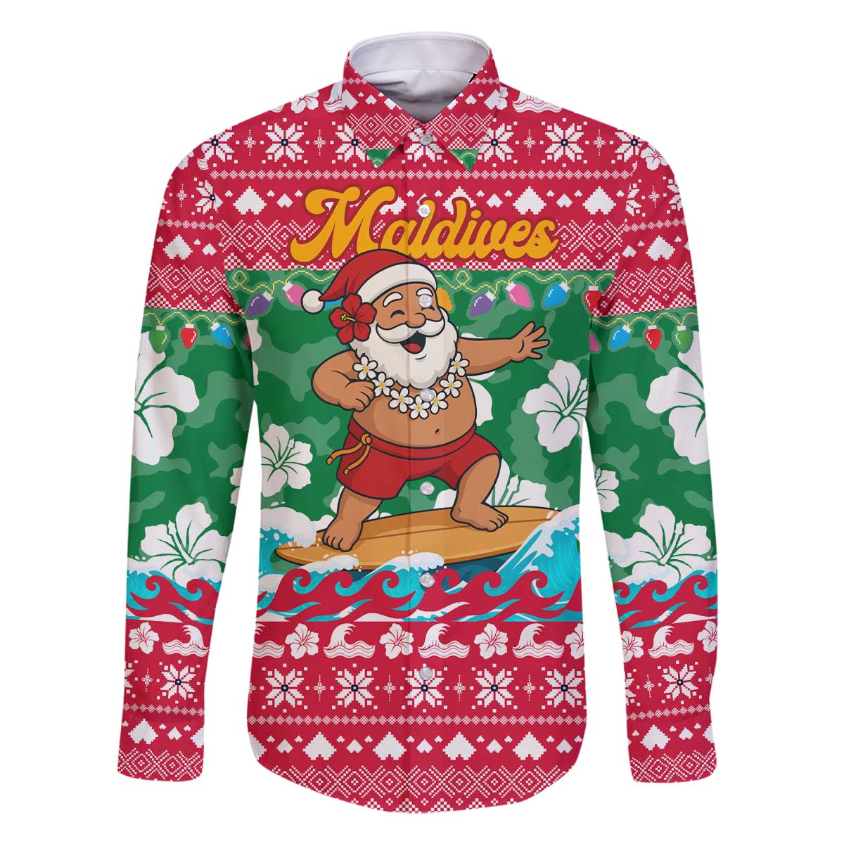 Maldives Christmas Family Matching Off The Shoulder Long Sleeve Dress and Hawaiian Shirt with Surfing Santa Claus Tropical Flowers and Holiday Wave - Wonder Print Shop