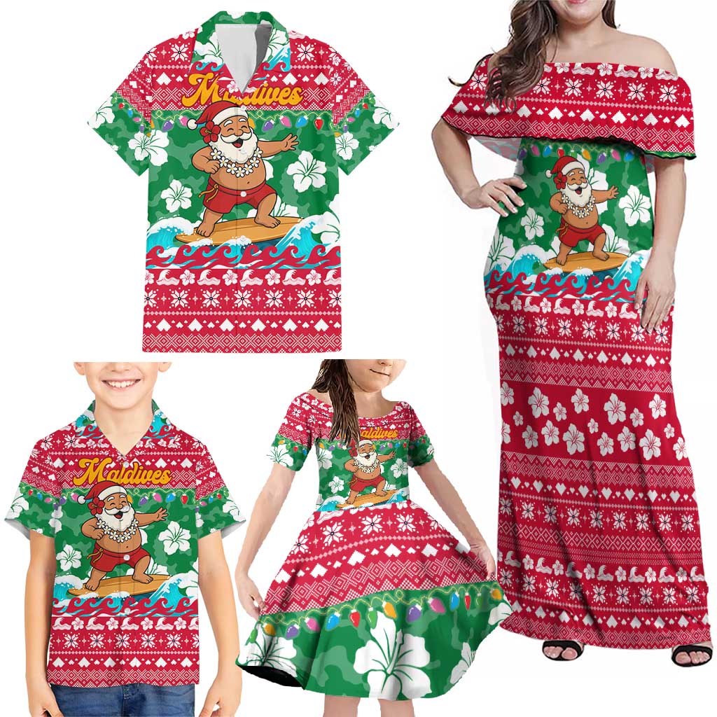 Maldives Christmas Family Matching Off Shoulder Maxi Dress and Hawaiian Shirt with Surfing Santa Claus Tropical Flowers and Holiday Wave - Wonder Print Shop