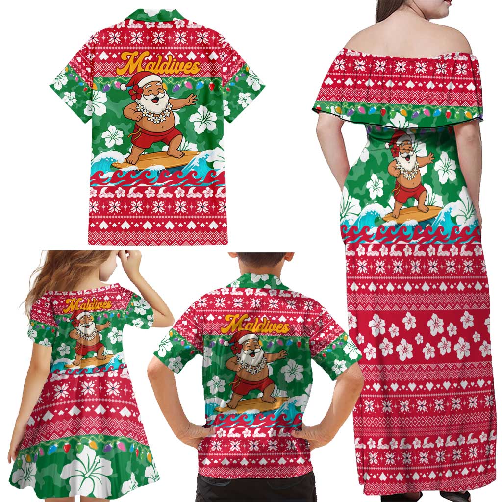 Maldives Christmas Family Matching Off Shoulder Maxi Dress and Hawaiian Shirt with Surfing Santa Claus Tropical Flowers and Holiday Wave - Wonder Print Shop