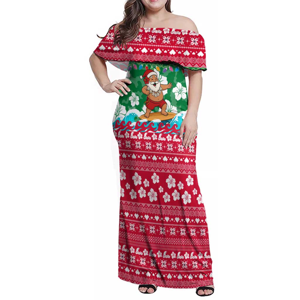Maldives Christmas Family Matching Off Shoulder Maxi Dress and Hawaiian Shirt with Surfing Santa Claus Tropical Flowers and Holiday Wave - Wonder Print Shop