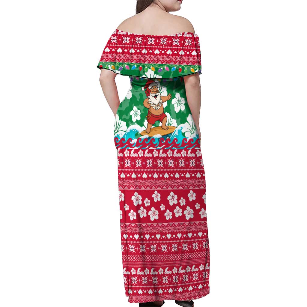 Maldives Christmas Family Matching Off Shoulder Maxi Dress and Hawaiian Shirt with Surfing Santa Claus Tropical Flowers and Holiday Wave - Wonder Print Shop