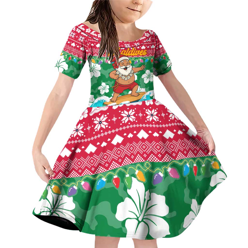 Maldives Christmas Family Matching Off Shoulder Short Dress and Hawaiian Shirt with Surfing Santa Claus Tropical Flowers and Holiday Wave - Wonder Print Shop