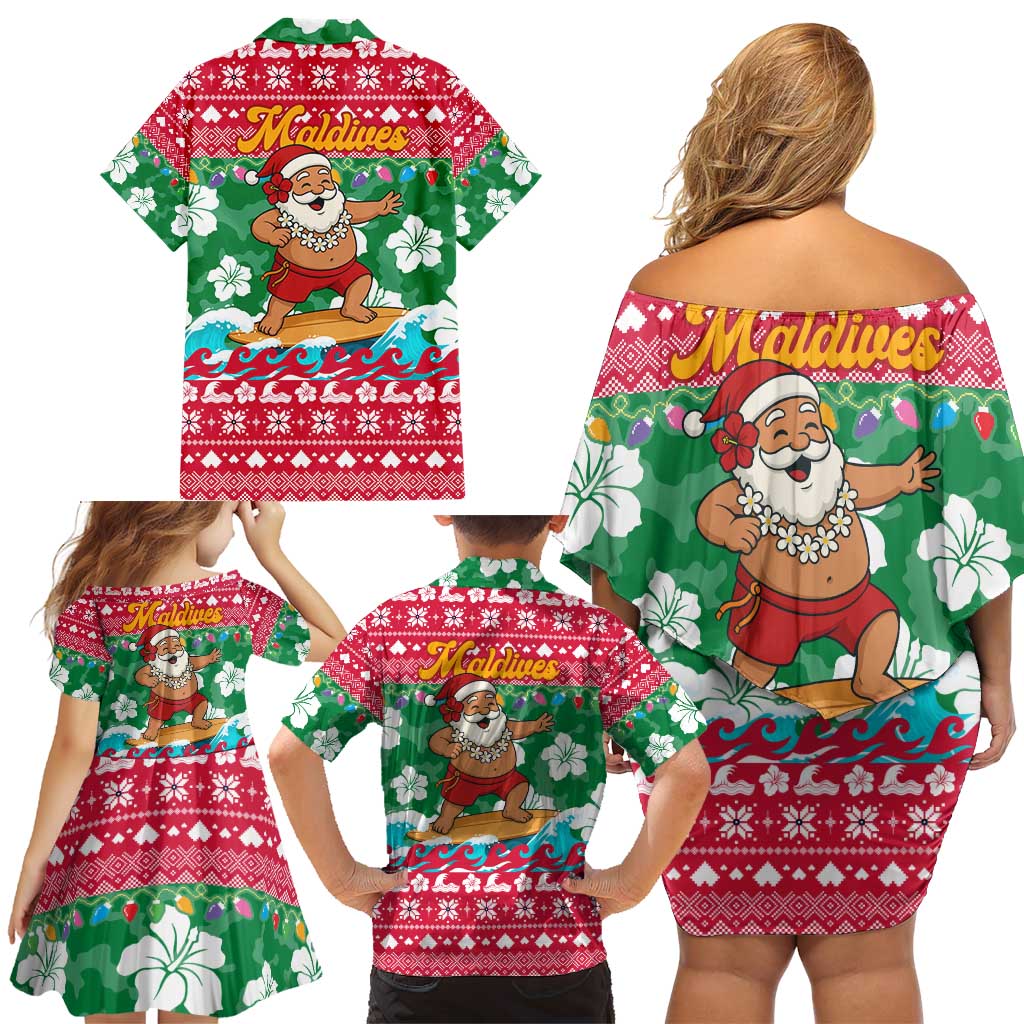 Maldives Christmas Family Matching Off Shoulder Short Dress and Hawaiian Shirt with Surfing Santa Claus Tropical Flowers and Holiday Wave - Wonder Print Shop