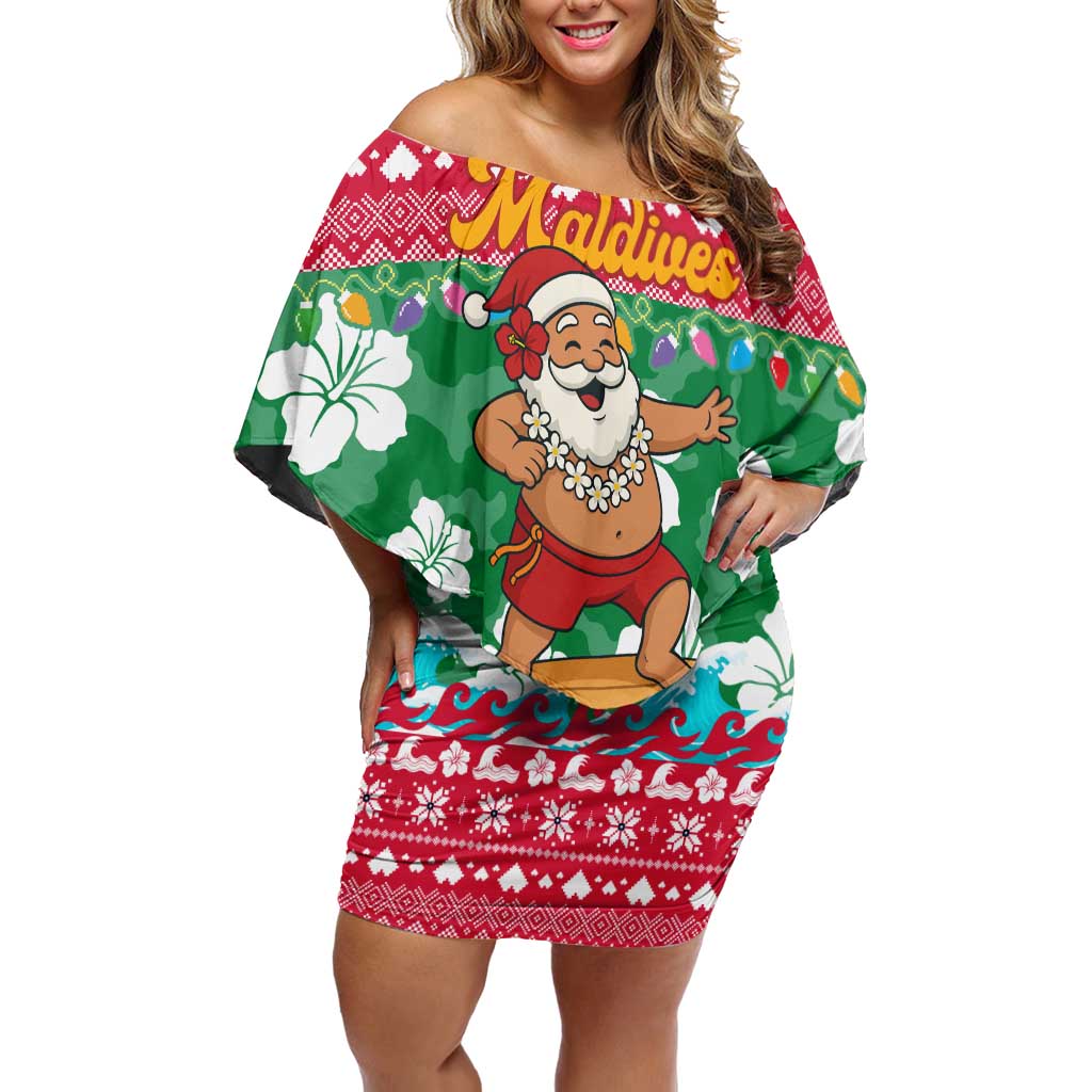 Maldives Christmas Family Matching Off Shoulder Short Dress and Hawaiian Shirt with Surfing Santa Claus Tropical Flowers and Holiday Wave - Wonder Print Shop