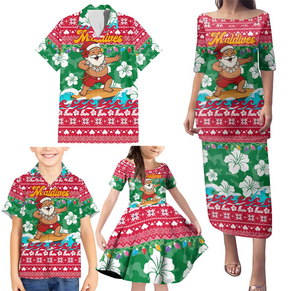 Maldives Christmas Family Matching Puletasi and Hawaiian Shirt with Surfing Santa Claus Tropical Flowers and Holiday Wave - Wonder Print Shop