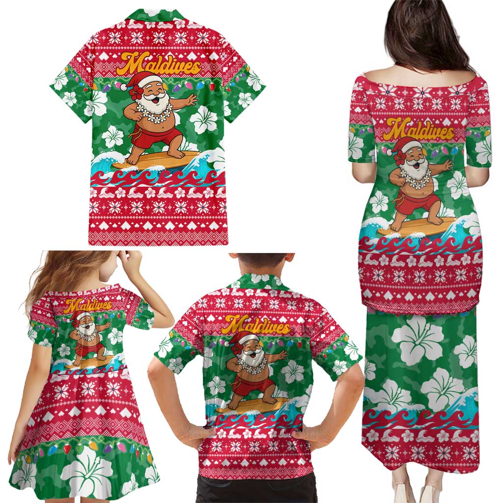 Maldives Christmas Family Matching Puletasi and Hawaiian Shirt with Surfing Santa Claus Tropical Flowers and Holiday Wave - Wonder Print Shop