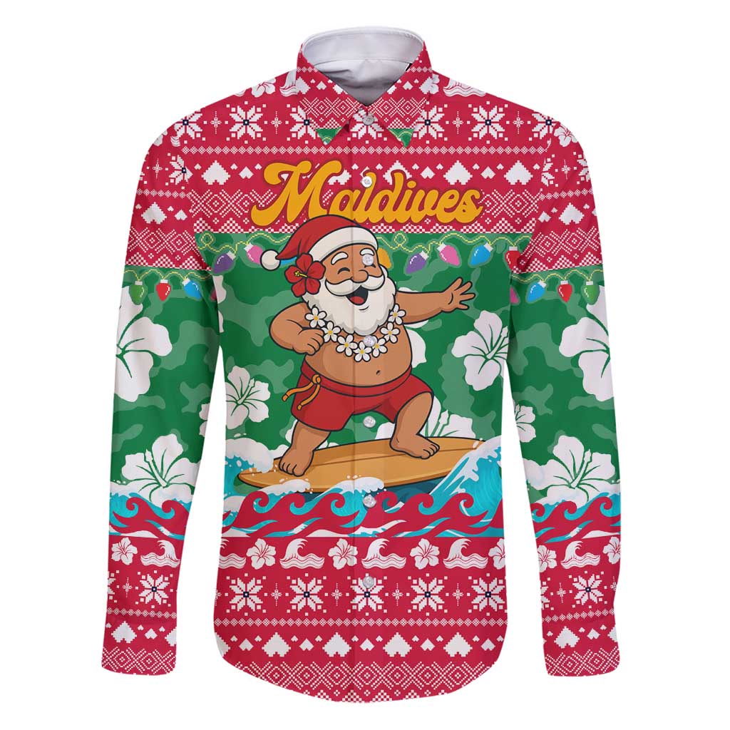 Maldives Christmas Family Matching Puletasi and Hawaiian Shirt with Surfing Santa Claus Tropical Flowers and Holiday Wave - Wonder Print Shop