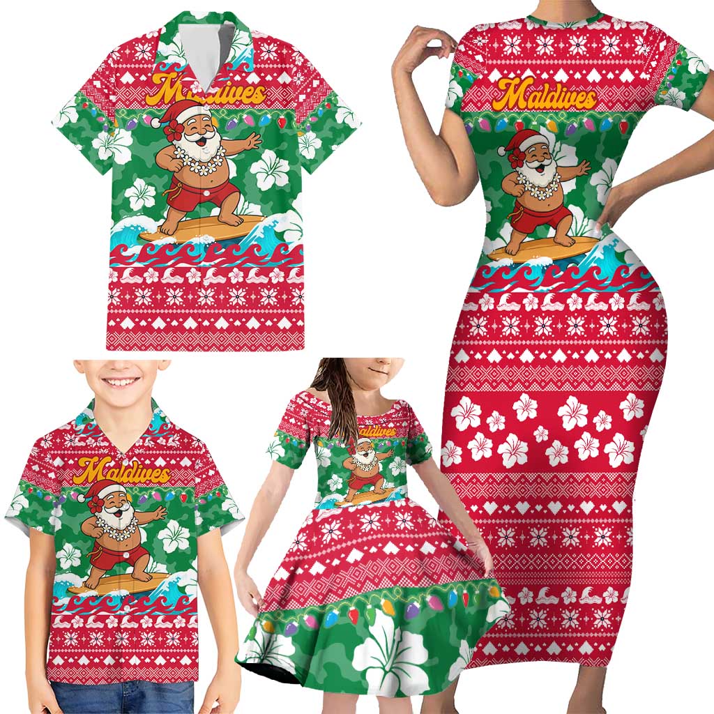 Maldives Christmas Family Matching Short Sleeve Bodycon Dress and Hawaiian Shirt with Surfing Santa Claus Tropical Flowers and Holiday Wave - Wonder Print Shop