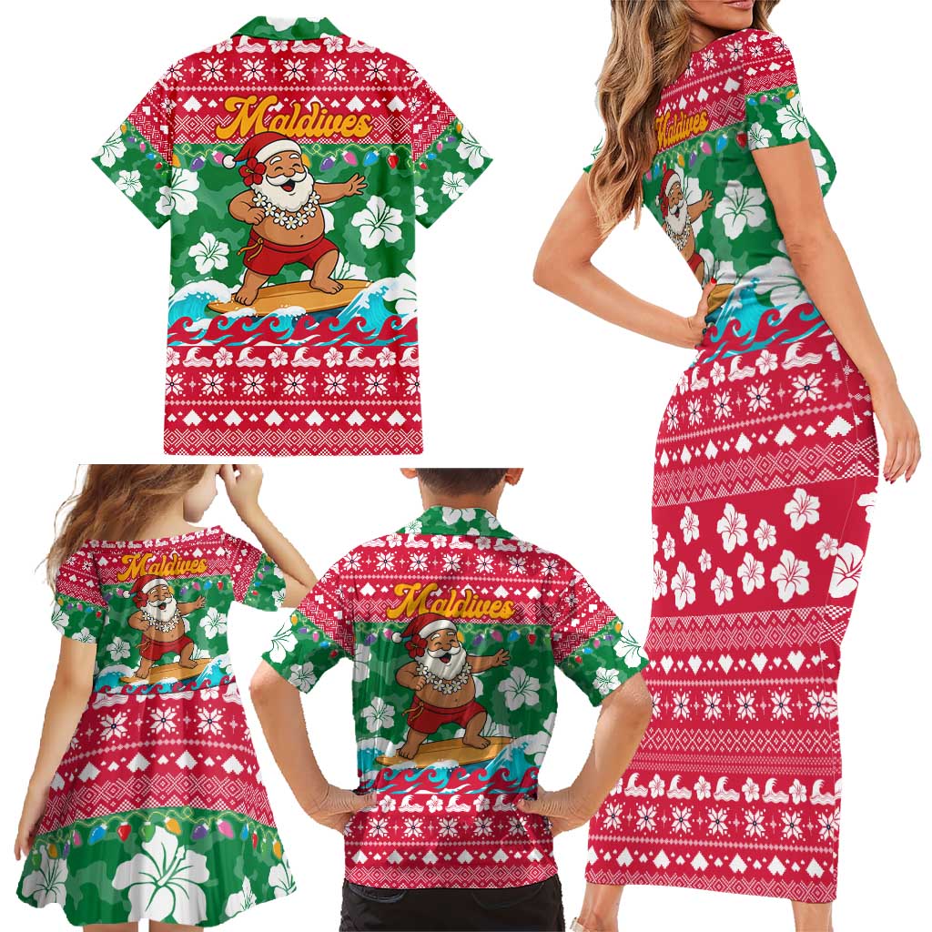 Maldives Christmas Family Matching Short Sleeve Bodycon Dress and Hawaiian Shirt with Surfing Santa Claus Tropical Flowers and Holiday Wave - Wonder Print Shop
