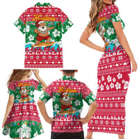 Maldives Christmas Family Matching Short Sleeve Bodycon Dress and Hawaiian Shirt with Surfing Santa Claus Tropical Flowers and Holiday Wave - Wonder Print Shop