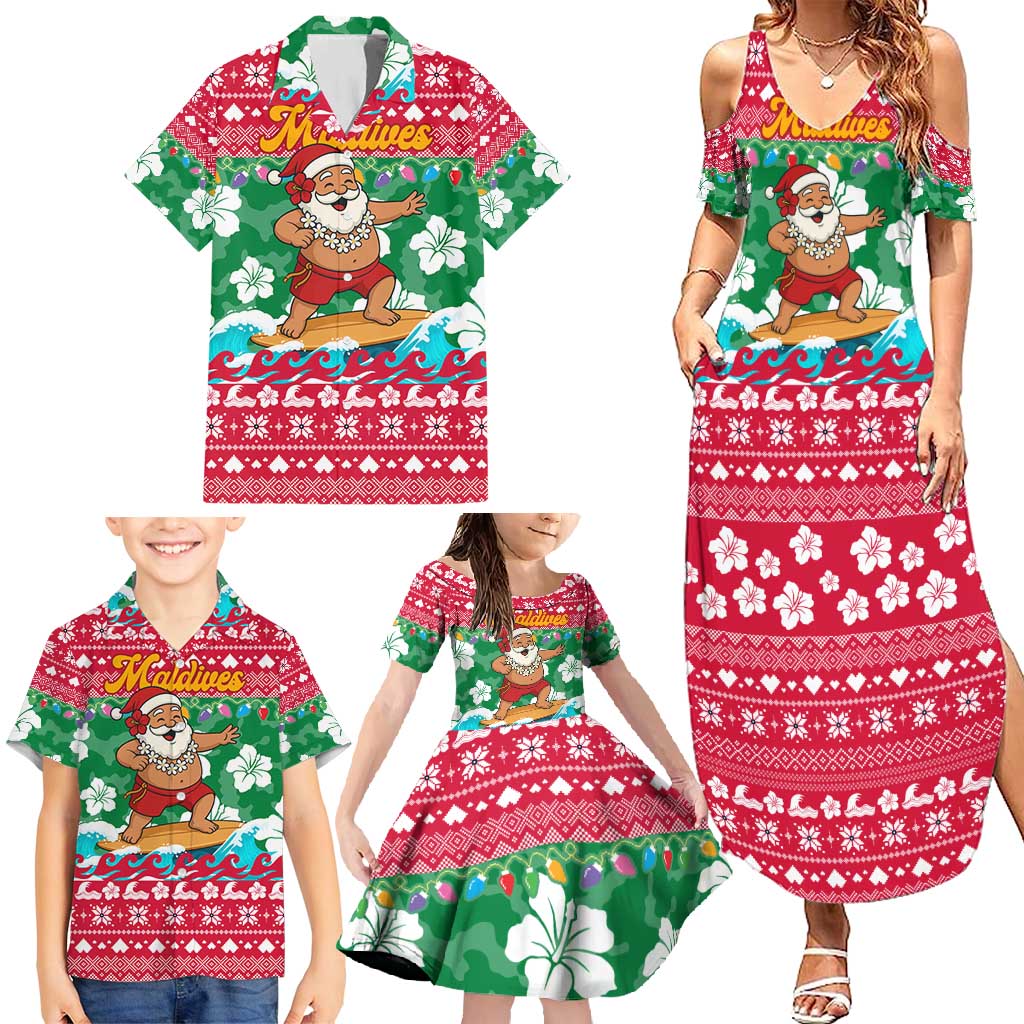 Maldives Christmas Family Matching Summer Maxi Dress and Hawaiian Shirt with Surfing Santa Claus Tropical Flowers and Holiday Wave - Wonder Print Shop