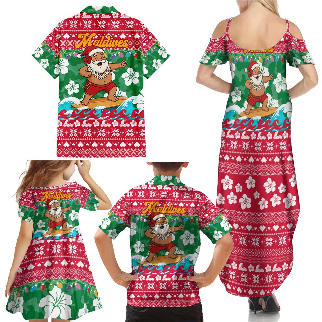 Maldives Christmas Family Matching Summer Maxi Dress and Hawaiian Shirt with Surfing Santa Claus Tropical Flowers and Holiday Wave - Wonder Print Shop