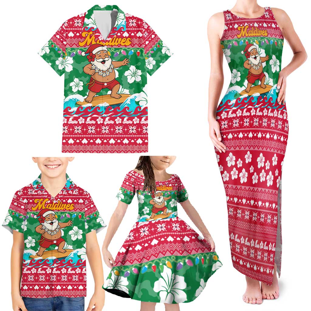 Maldives Christmas Family Matching Tank Maxi Dress and Hawaiian Shirt with Surfing Santa Claus Tropical Flowers and Holiday Wave - Wonder Print Shop