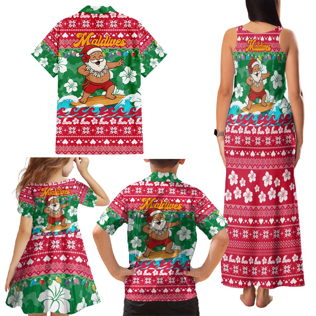 Maldives Christmas Family Matching Tank Maxi Dress and Hawaiian Shirt with Surfing Santa Claus Tropical Flowers and Holiday Wave - Wonder Print Shop