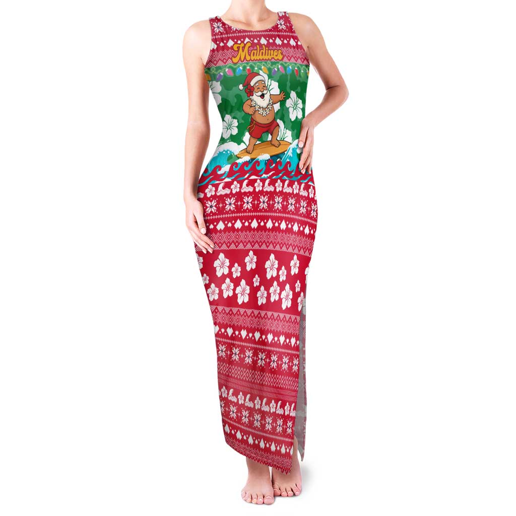 Maldives Christmas Family Matching Tank Maxi Dress and Hawaiian Shirt with Surfing Santa Claus Tropical Flowers and Holiday Wave - Wonder Print Shop