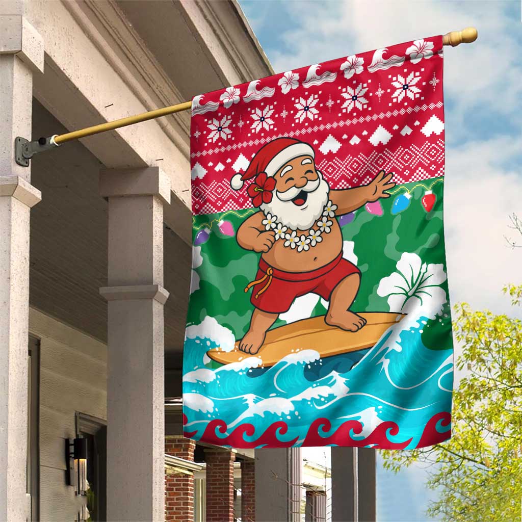 Maldives Christmas Garden Flag with Surfing Santa Claus Tropical Flowers and Holiday Wave - Wonder Print Shop