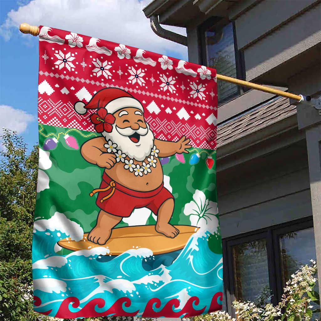 Maldives Christmas Garden Flag with Surfing Santa Claus Tropical Flowers and Holiday Wave - Wonder Print Shop