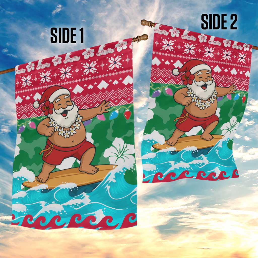Maldives Christmas Garden Flag with Surfing Santa Claus Tropical Flowers and Holiday Wave - Wonder Print Shop