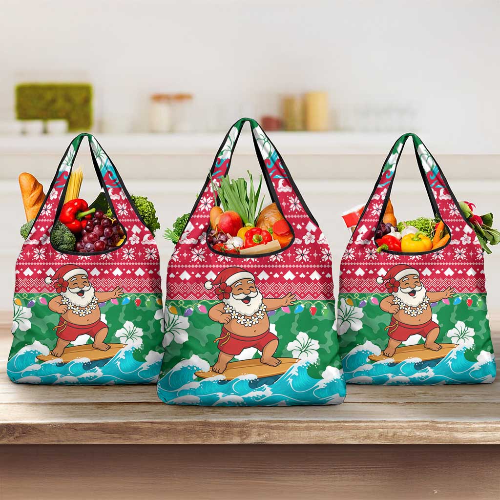 Maldives Christmas Grocery Bag with Surfing Santa Claus Tropical Flowers and Holiday Wave - Wonder Print Shop