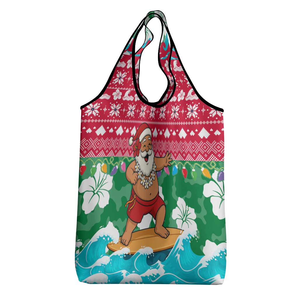 Maldives Christmas Grocery Bag with Surfing Santa Claus Tropical Flowers and Holiday Wave - Wonder Print Shop