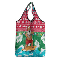 Maldives Christmas Grocery Bag with Surfing Santa Claus Tropical Flowers and Holiday Wave - Wonder Print Shop