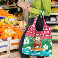 Maldives Christmas Grocery Bag with Surfing Santa Claus Tropical Flowers and Holiday Wave - Wonder Print Shop