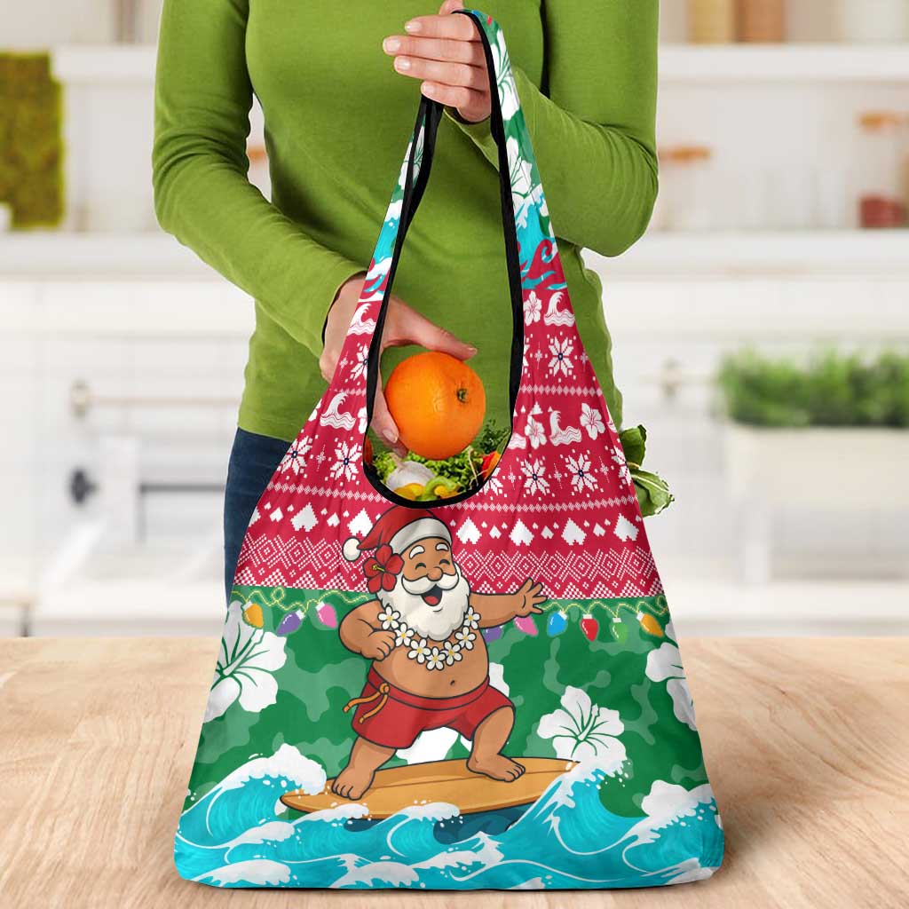 Maldives Christmas Grocery Bag with Surfing Santa Claus Tropical Flowers and Holiday Wave - Wonder Print Shop