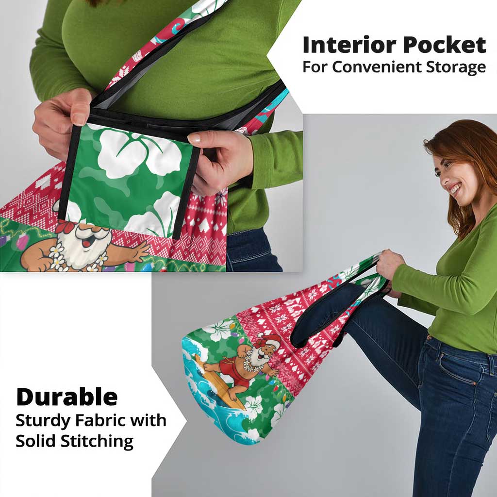 Maldives Christmas Grocery Bag with Surfing Santa Claus Tropical Flowers and Holiday Wave - Wonder Print Shop