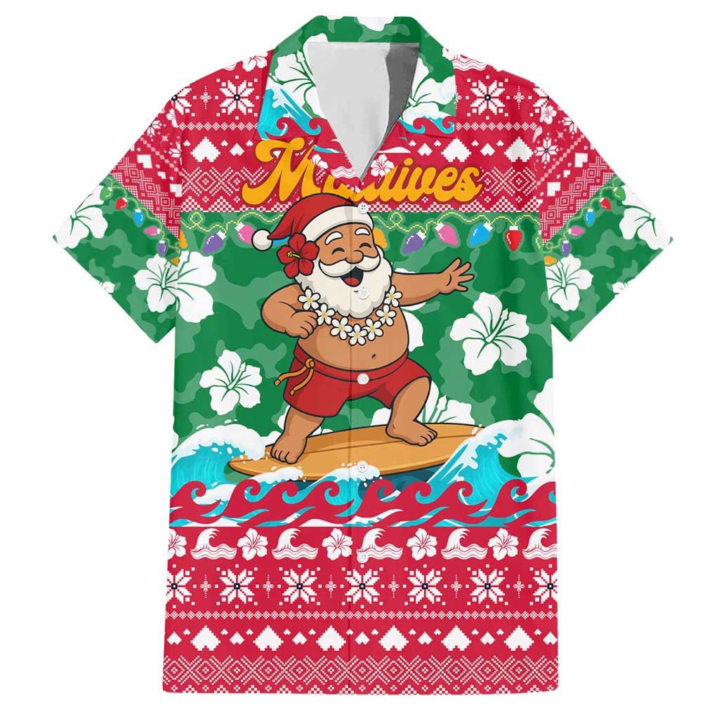 Maldives Christmas Hawaiian Shirt with Surfing Santa Claus Tropical Flowers and Holiday Wave - Wonder Print Shop