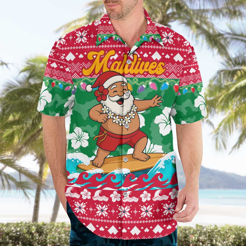 Maldives Christmas Hawaiian Shirt with Surfing Santa Claus Tropical Flowers and Holiday Wave - Wonder Print Shop