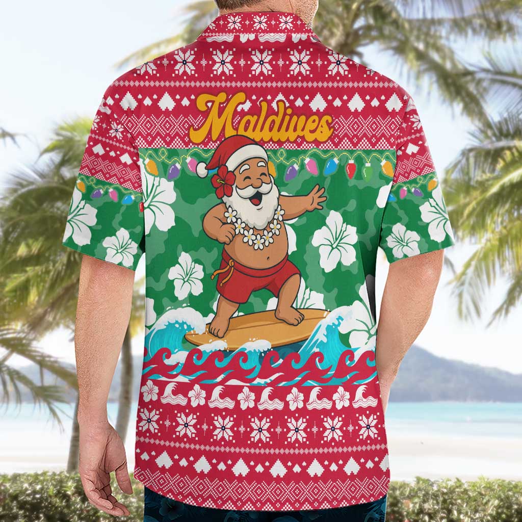 Maldives Christmas Hawaiian Shirt with Surfing Santa Claus Tropical Flowers and Holiday Wave - Wonder Print Shop