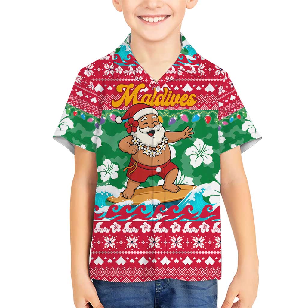 Maldives Christmas Hawaiian Shirt with Surfing Santa Claus Tropical Flowers and Holiday Wave - Wonder Print Shop