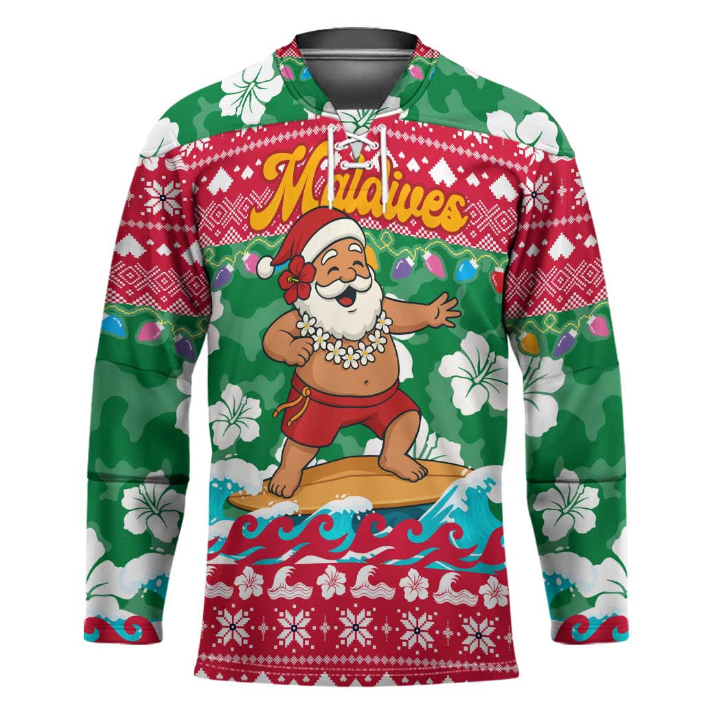 Maldives Christmas Hockey Jersey with Surfing Santa Claus Tropical Flowers and Holiday Wave - Wonder Print Shop