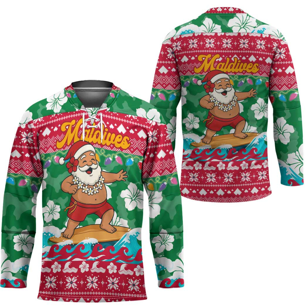 Maldives Christmas Hockey Jersey with Surfing Santa Claus Tropical Flowers and Holiday Wave - Wonder Print Shop