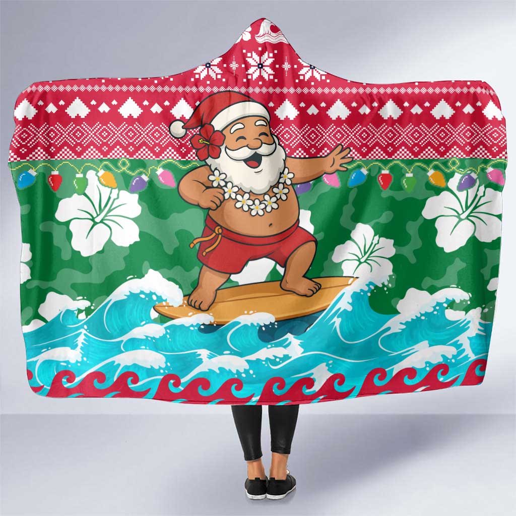 Maldives Christmas Hooded Blanket with Surfing Santa Claus Tropical Flowers and Holiday Wave - Wonder Print Shop