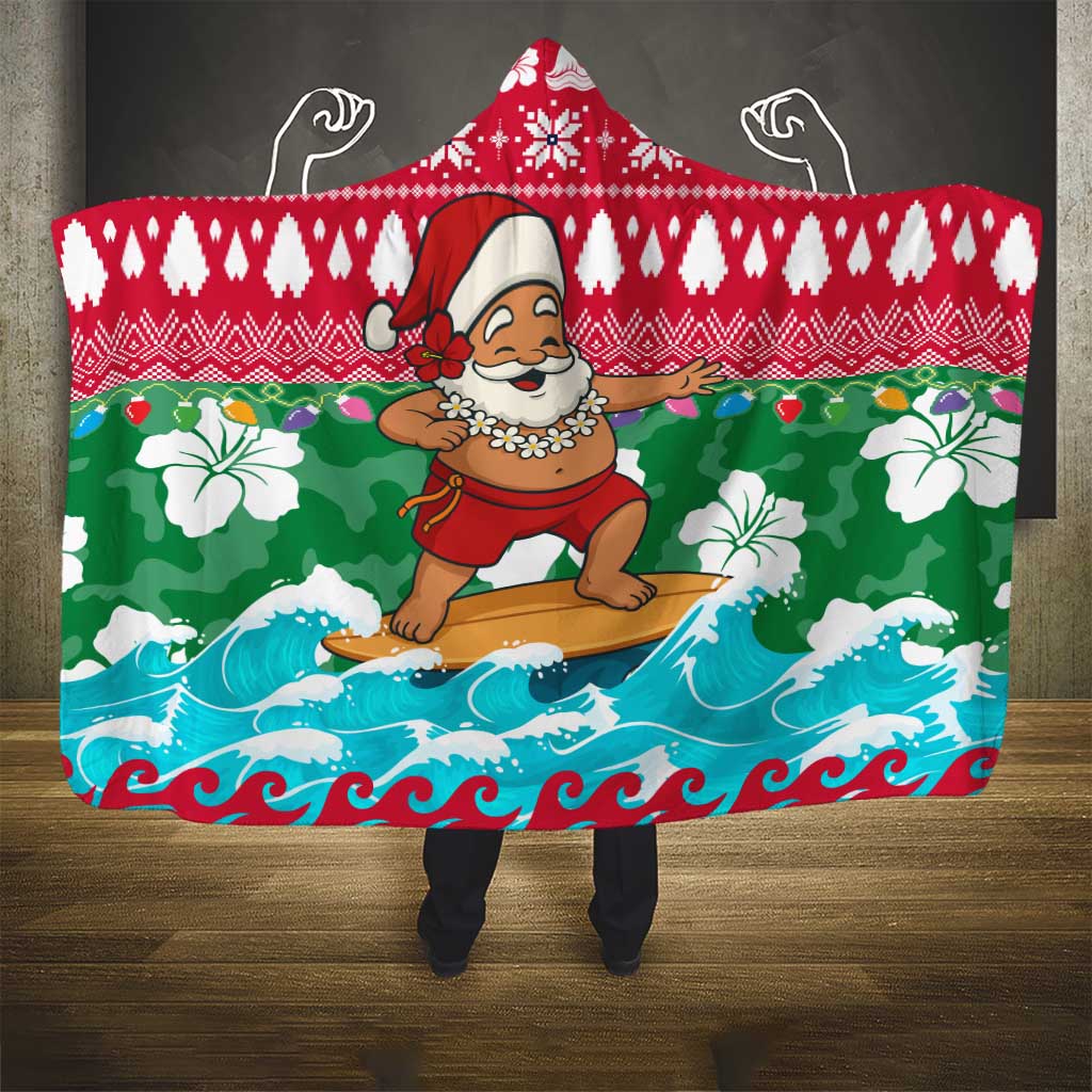 Maldives Christmas Hooded Blanket with Surfing Santa Claus Tropical Flowers and Holiday Wave - Wonder Print Shop