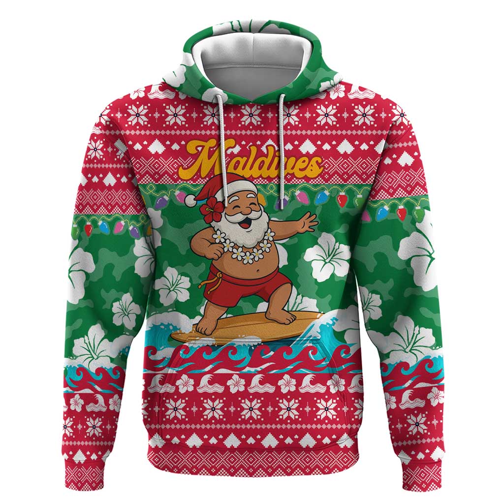 Maldives Christmas Hoodie with Surfing Santa Claus Tropical Flowers and Holiday Wave - Wonder Print Shop
