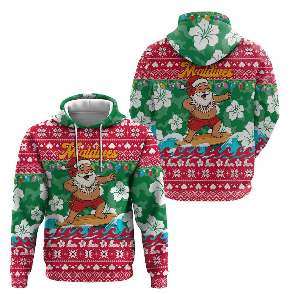Maldives Christmas Hoodie with Surfing Santa Claus Tropical Flowers and Holiday Wave - Wonder Print Shop