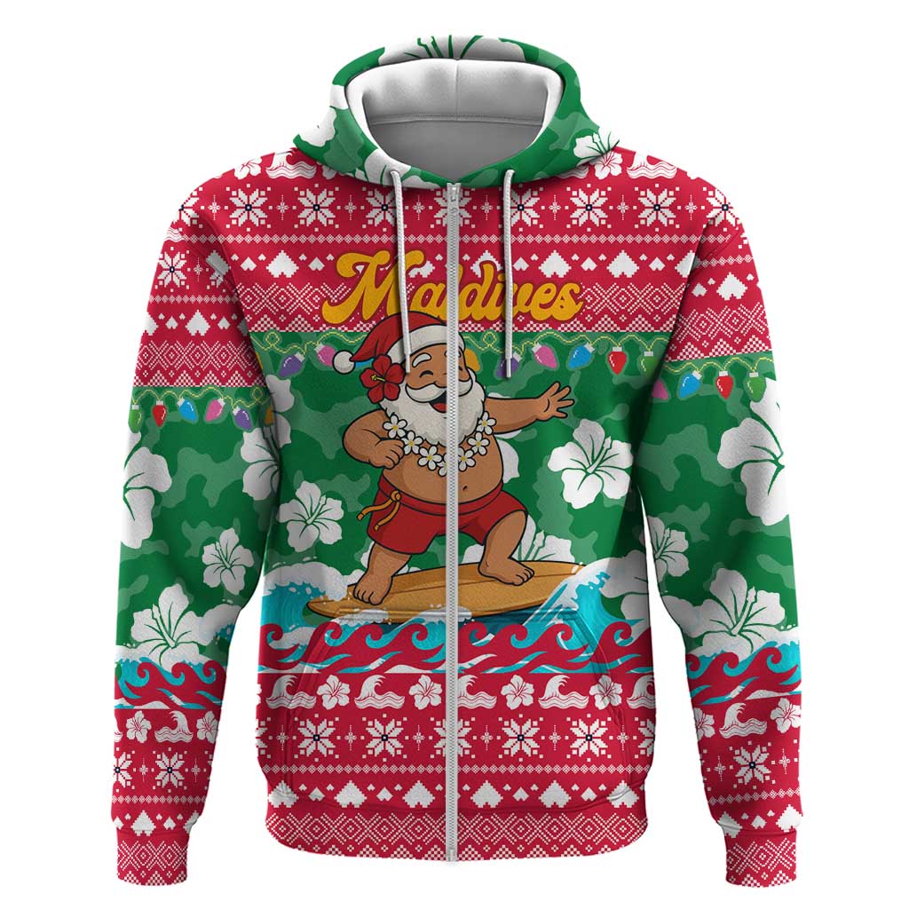 Maldives Christmas Hoodie with Surfing Santa Claus Tropical Flowers and Holiday Wave - Wonder Print Shop